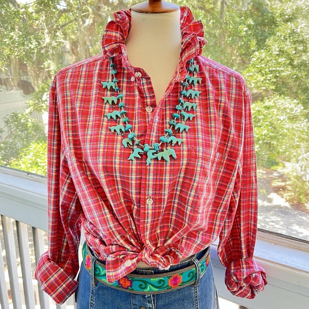 Upcycled Re-worked Life After Denim Coral Madras Preppy Ruffle Collar Shirt L